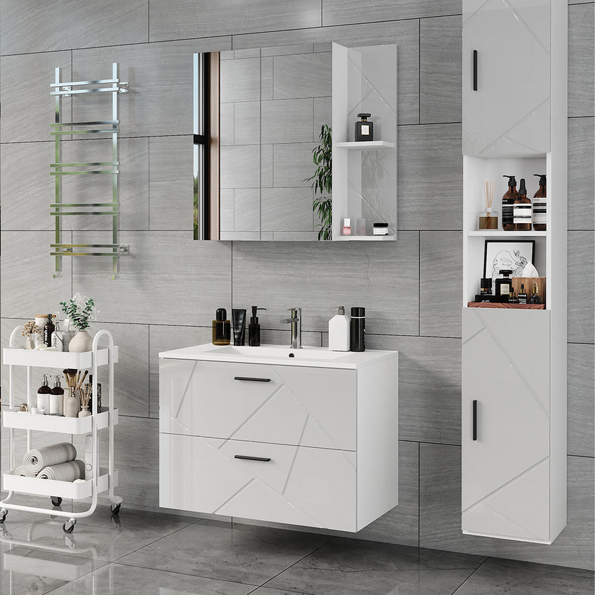 SADA KOUPELNOVÉHO NÁBYTKU Irma Bílá/bílý vysoký lesk - vysoce lesklá bílá, kompozitní dřevo (80/57/44.6cm) - Vicco