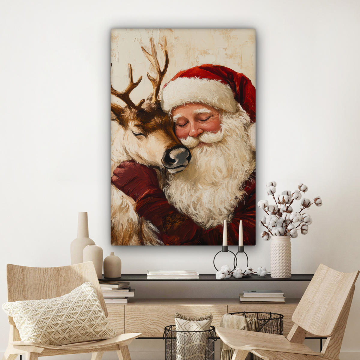 LEINWANDBILD Weihnachtsmann - Rentier - Weihnachten 80x120 cm - Rotbraun, Textil (80/120cm) - MuchoWow