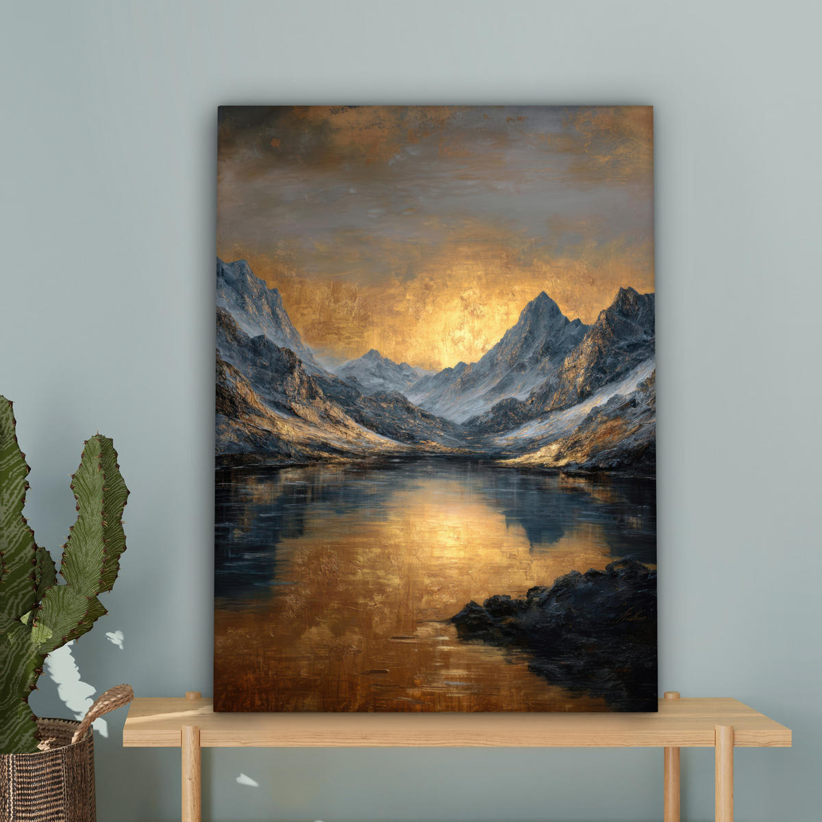 LEINWANDBILD Bergkulisse mit goldenem Sonnenuntergang Wandbild Wohnzimmer 60x80 cm - Goldfarben, Textil (60/80cm) - MuchoWow