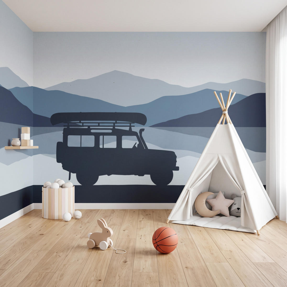 KINDERTAPETE - Auto - See - Berge - Blau - 450x240 cm - Blaugrau, Papier (450/240cm) - OnlyWow
