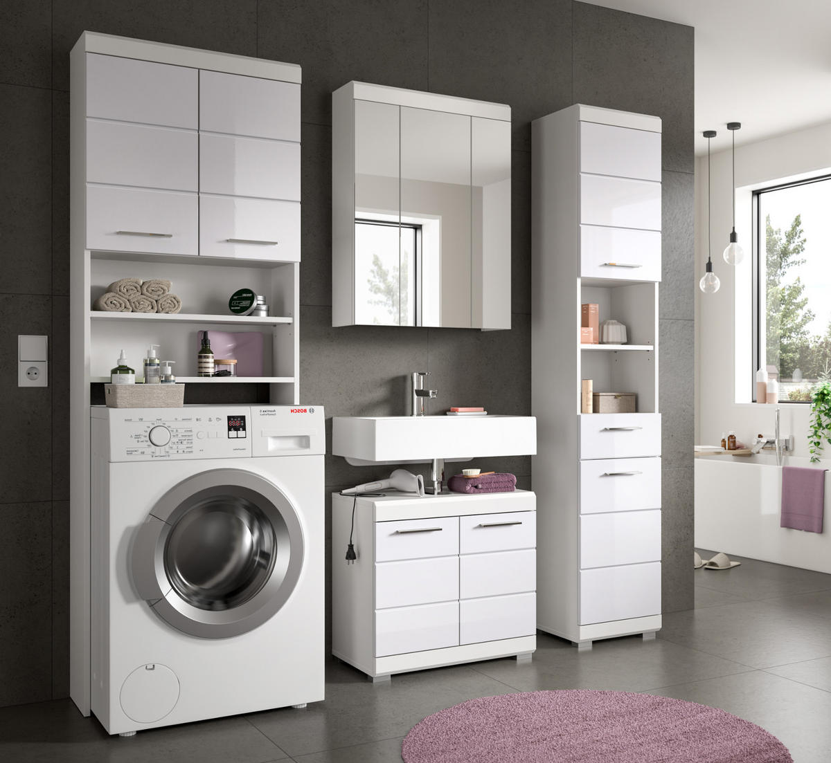 BADMÖBEL-SET weiß Hochglanz 4-teilig 190 cm, Komplettset mit viel Stauraum - Weiß Hochglanz, Glas/Holzwerkstoff (190/191/34cm) - Inn.Furn