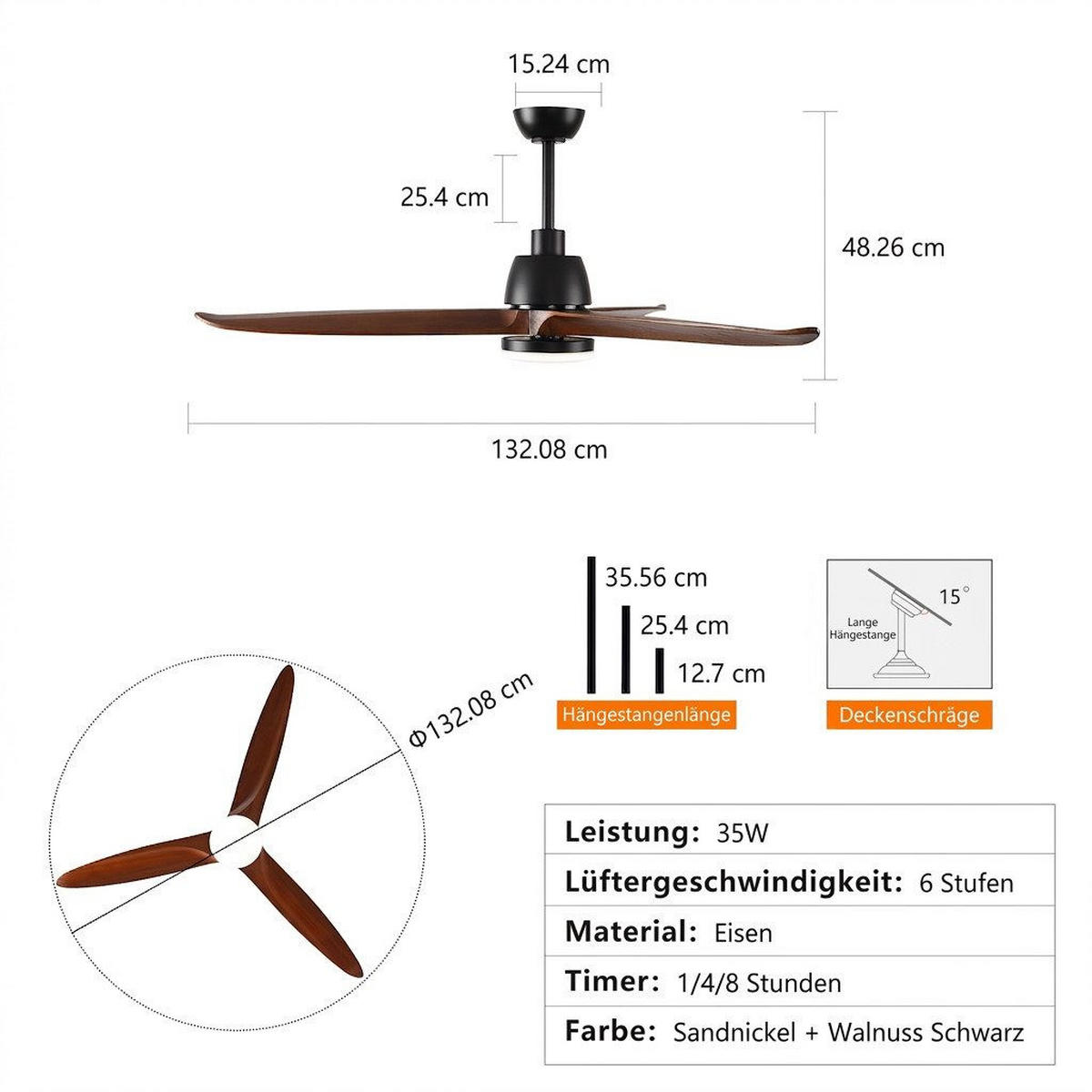 DECKENVENTILATOR mit LED-Licht 3 Farbtemperaturen Wendbar - Braun, Holzwerkstoff (132/132/46cm) - BEXEVUE