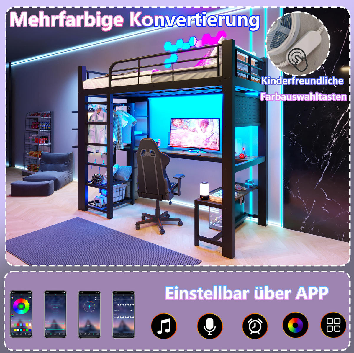 HOCHBETT 90/200 cm in Schwarz mit LED-Beleuchtung, Schreibtisch und Stauraum - Schwarz, Metall (90/200cm) - Flora Grace