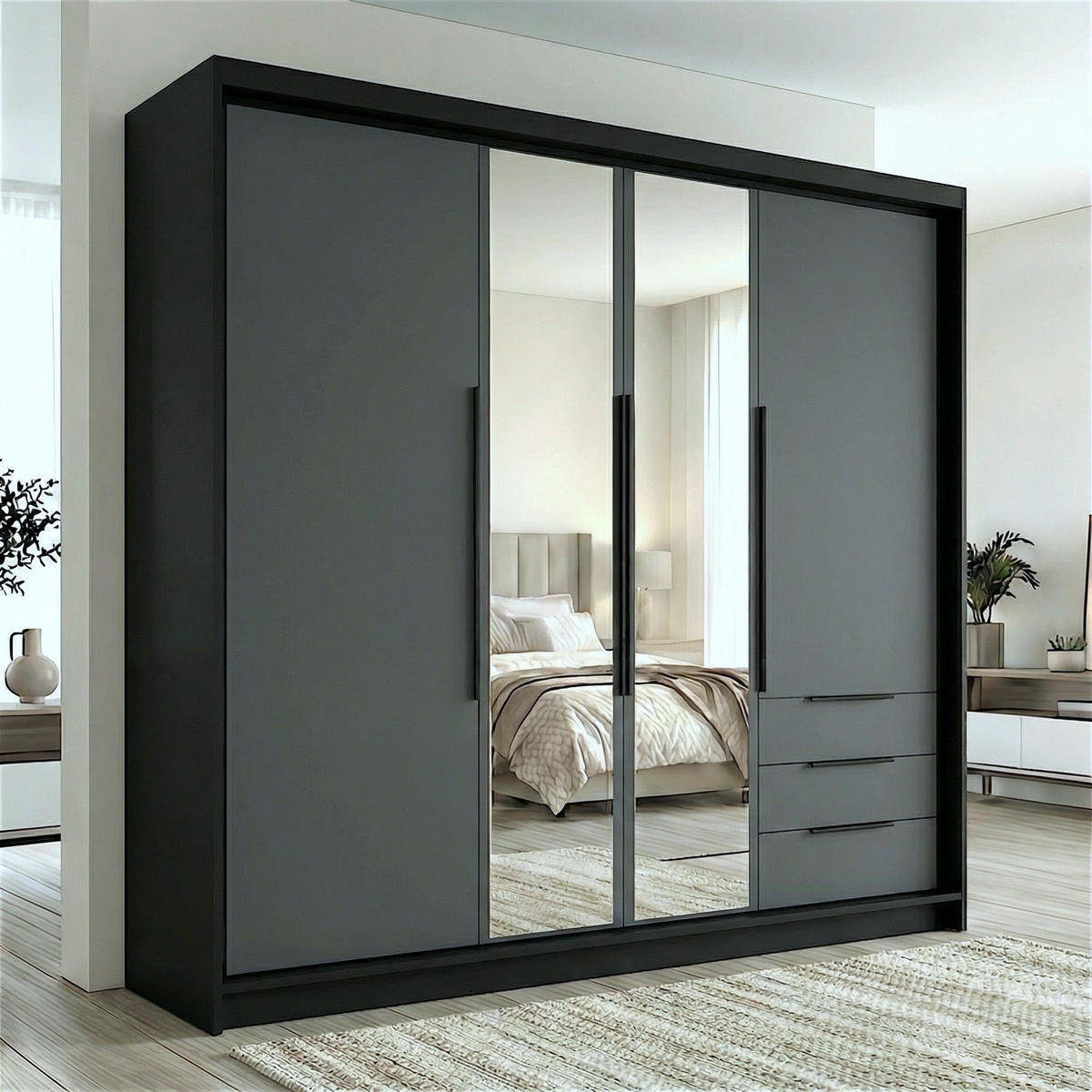 DREHTÜRENSCHRANK VIVO 200 cm Farbe: Schwarz | Graphit | Graphit - Schwarz/Graphitfarben, Holzwerkstoff/Metall (200/215/59.5cm) - A&J MöbelLand