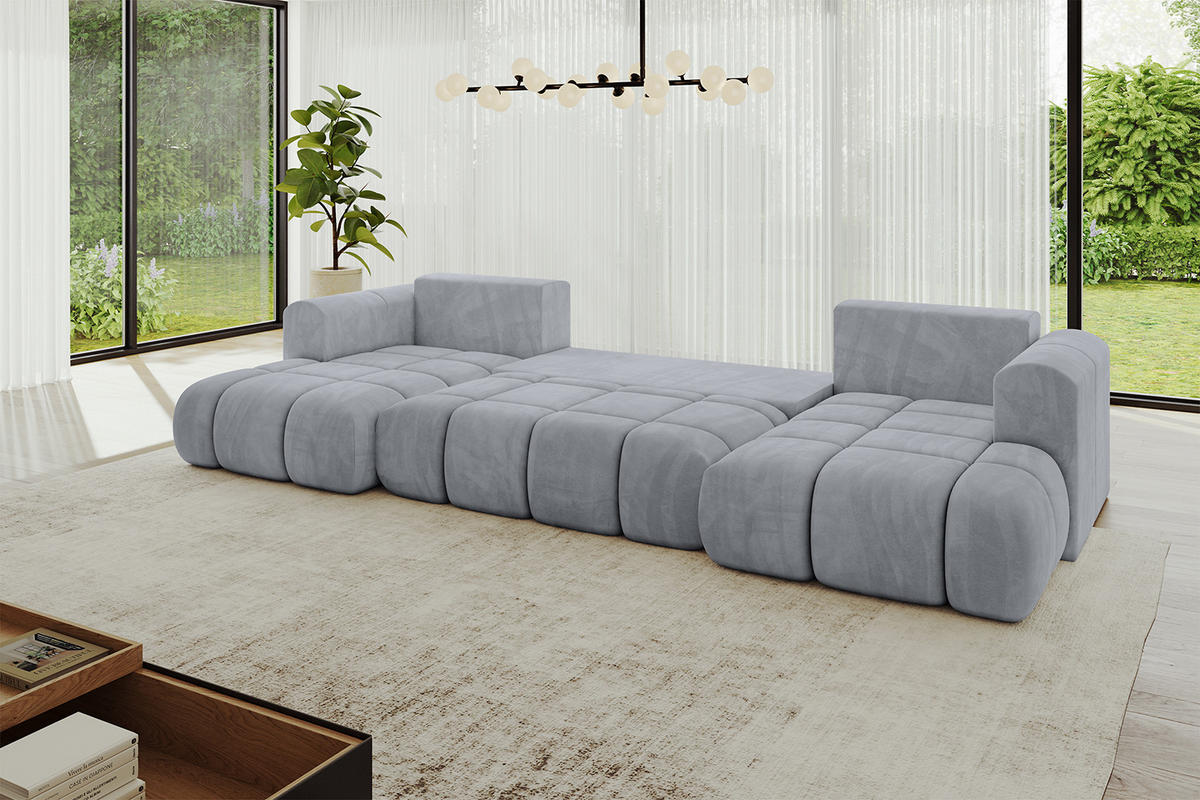 WOHNLANDSCHAFT Ottomane Links CLOUD-U-v1 414x180x40 Hellgrau Velours - Hellgrau, Holzwerkstoff/Kunststoff (414/90/180cm) - ALTDECOR