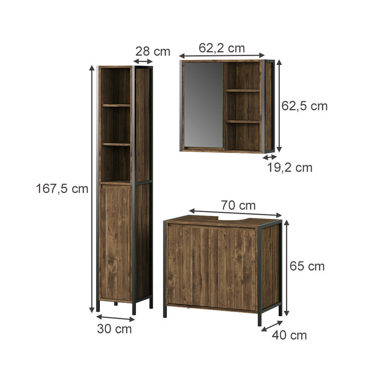 BADMÖBEL-SET Naola Eiche/Schwarz 3 Teile - Eichefarben/Schwarz, Holzwerkstoff (70/65/40cm) - Vicco