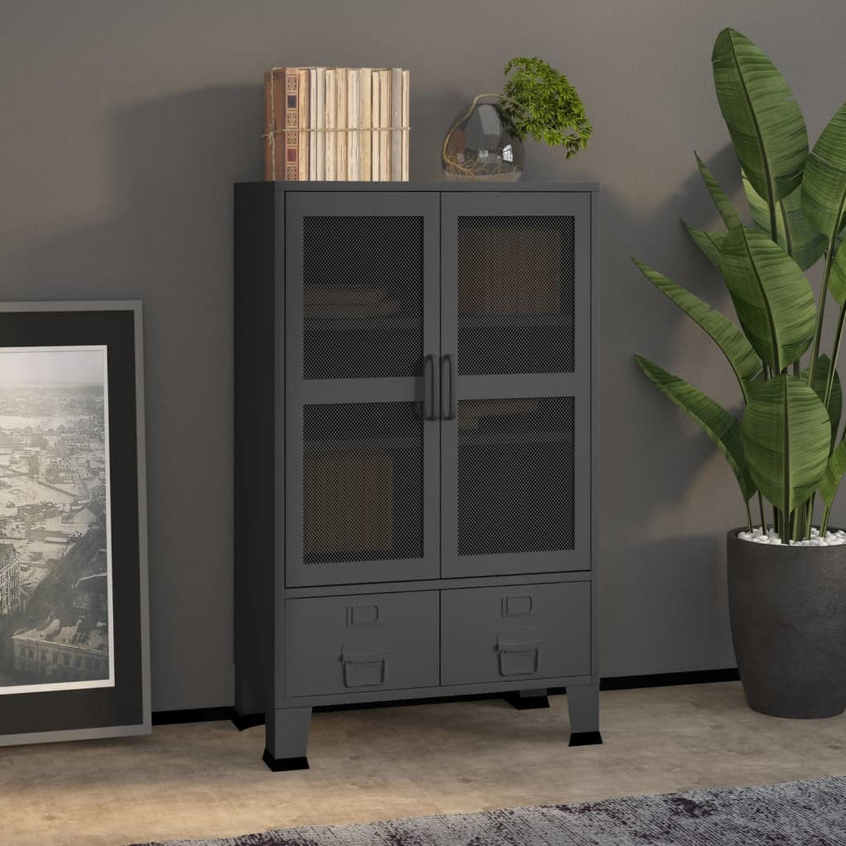 HIGHBOARD mit 2 Schubladen und 2 Maschengitter-Türen, 70/40/115 cm, aus Metall, Anthrazit, im Industriestil - Anthrazit, Metall (70/115/40cm) - vidaXL