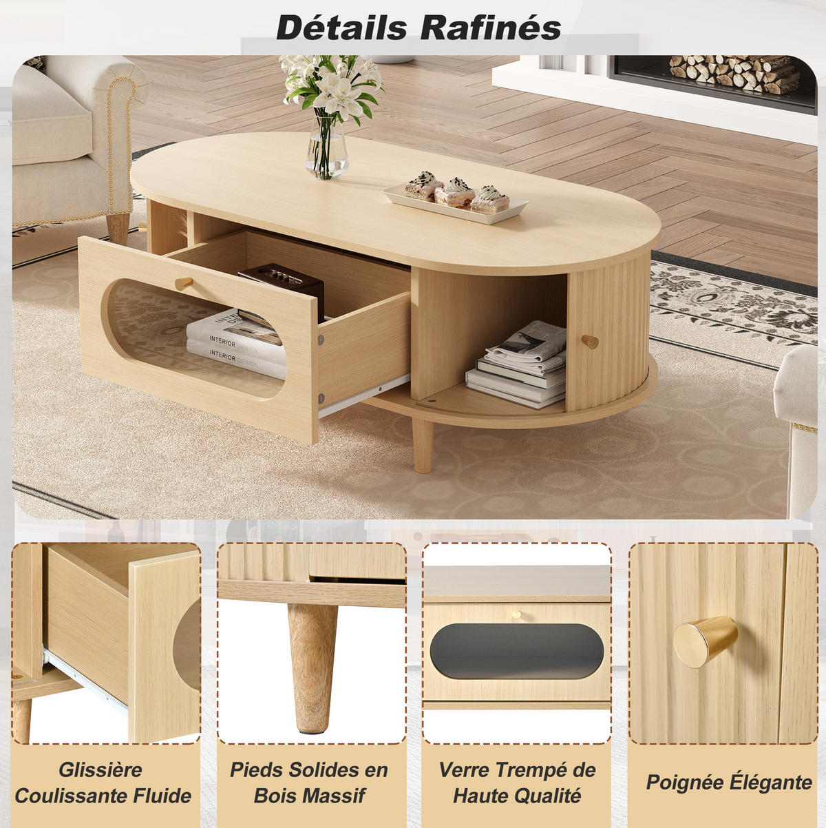 COUCHTISCH 100/50/36 cm aus MDF mit Schublade, 2 Rollladentüren und Glasfront, Eichefarben - Eichefarben, Holzwerkstoff (100/50/36cm) - Redom