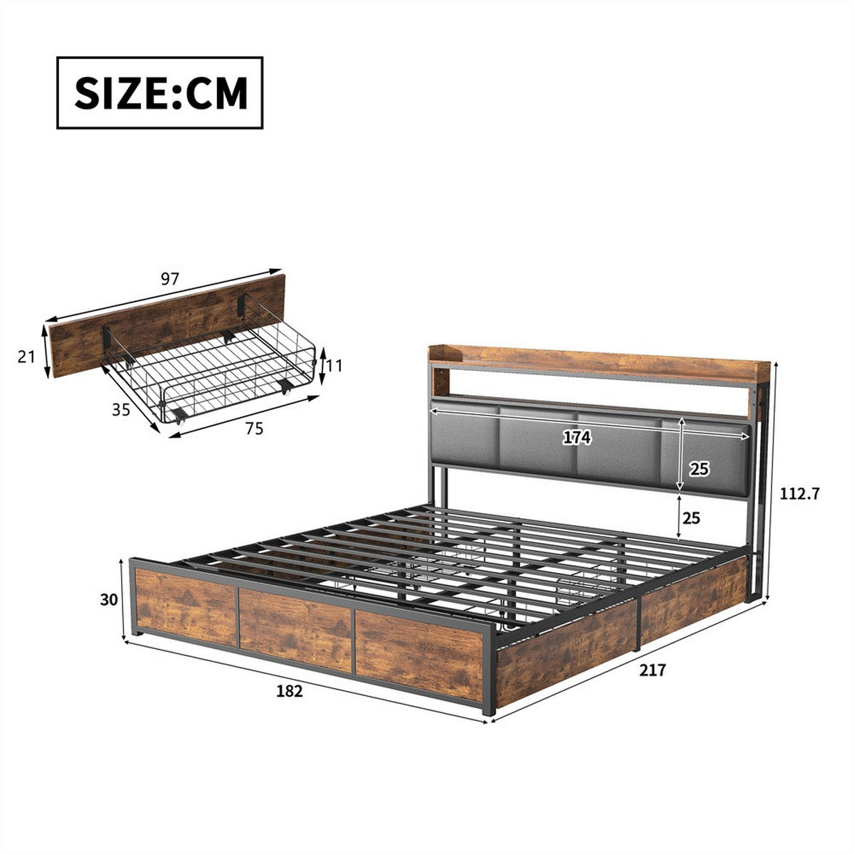 METALLBETT 180x200 cm - Kopfteil Regal & LED Beleuchtung - 4 Schubladen - ohne Matratze - Schwarz & Braun - Braun, Metall (180/200cm) - DELFA
