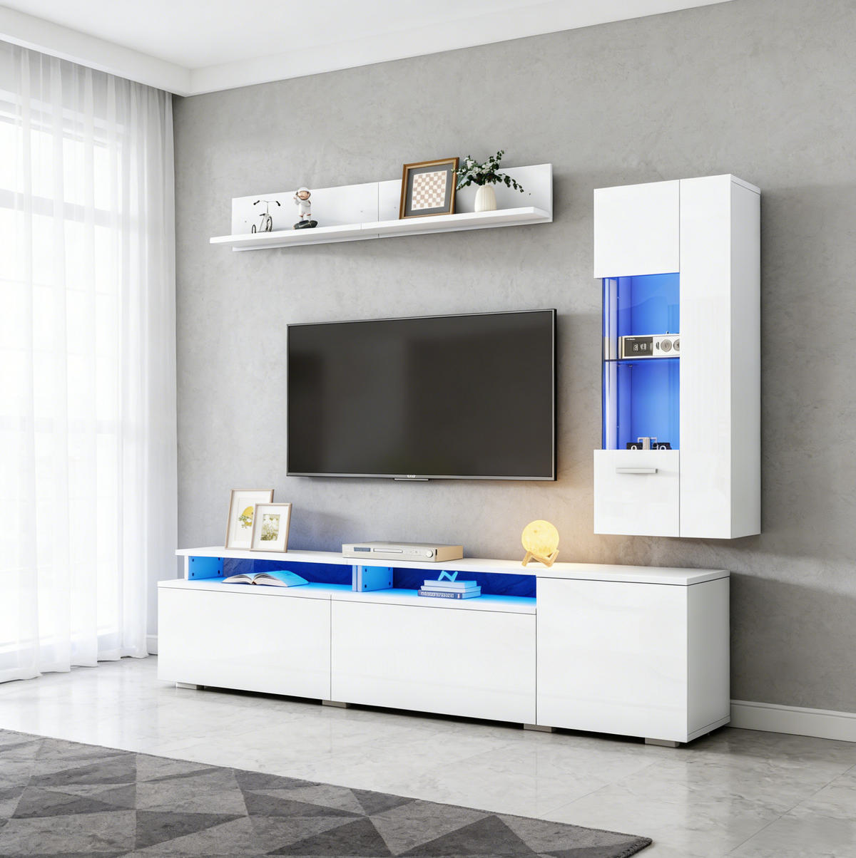 TV-WOHNWAND 3-tlg. mit LED 180 cm Hochglanz Weiß - Weiß, Glas (40/45/180cm) - Beauniv