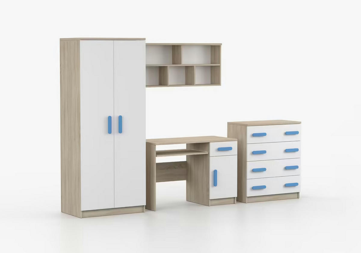 JUGENDZIMMER Elora in Eiche und Weiß – 4-teiliges Set mit Schreibtisch, Kommode, Wandregal und Schrank – Grifffarbe Blau - Braun, Holzwerkstoff (80/200/120cm)
