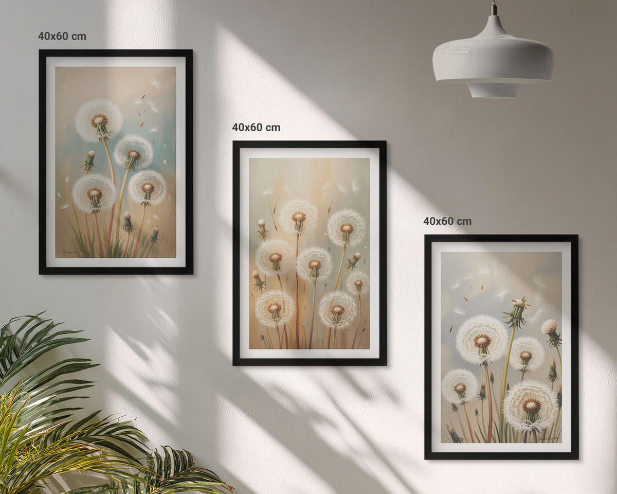 BILDER SET 3er Set - 40x60 cm Schwarzer Rahmen - Pastellfarbene Löwenzahnblüten - Schwarz, Kunststoff (40/60cm) - TULUP
