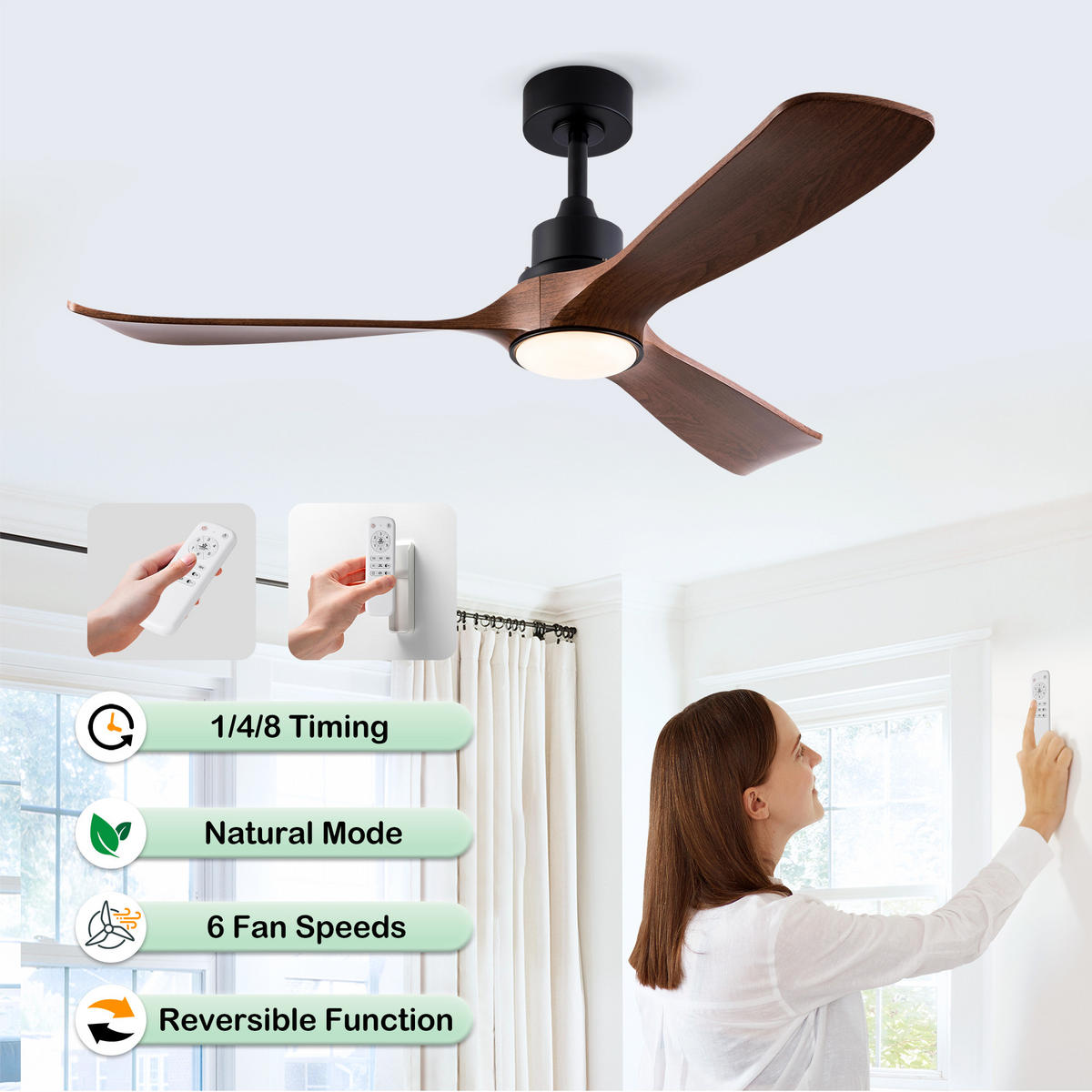 DECKENVENTILATOR DE-16217 52 Zoll mit Speicherfunktion & Fernbedienung Dunkelnussbaum - Walnussfarben, Kunststoff (132/132/48cm) - ComfortXL