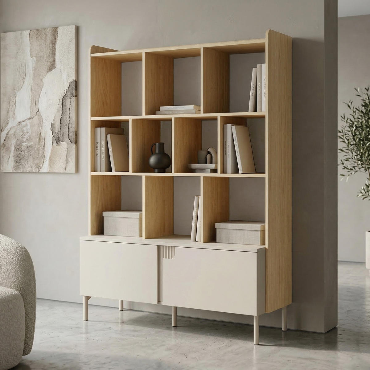 BÜCHERREGAL Positivo mit 1 Tür und 1 Schublade, 110 cm, Mavelie-Eiche + Macadamia - Eichefarben, Holzwerkstoff (113/195/42cm) - Beautysofa