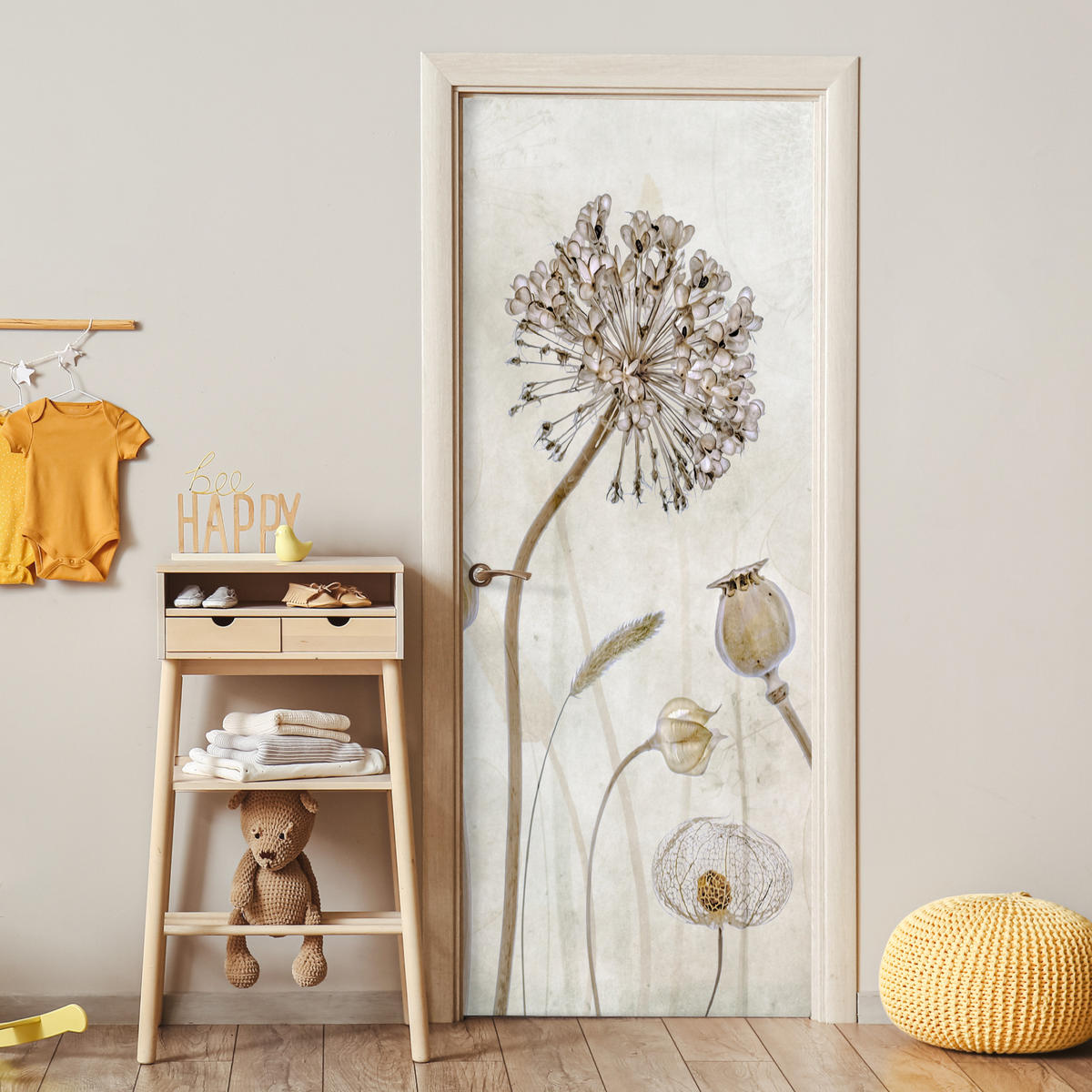 FOTOTAPETE Tür - Blumen - Aquarell - Stilleben - Braun - Vintage 95x235 cm - Ecru, Kunststoff (95/0.1cm) - MuchoWow