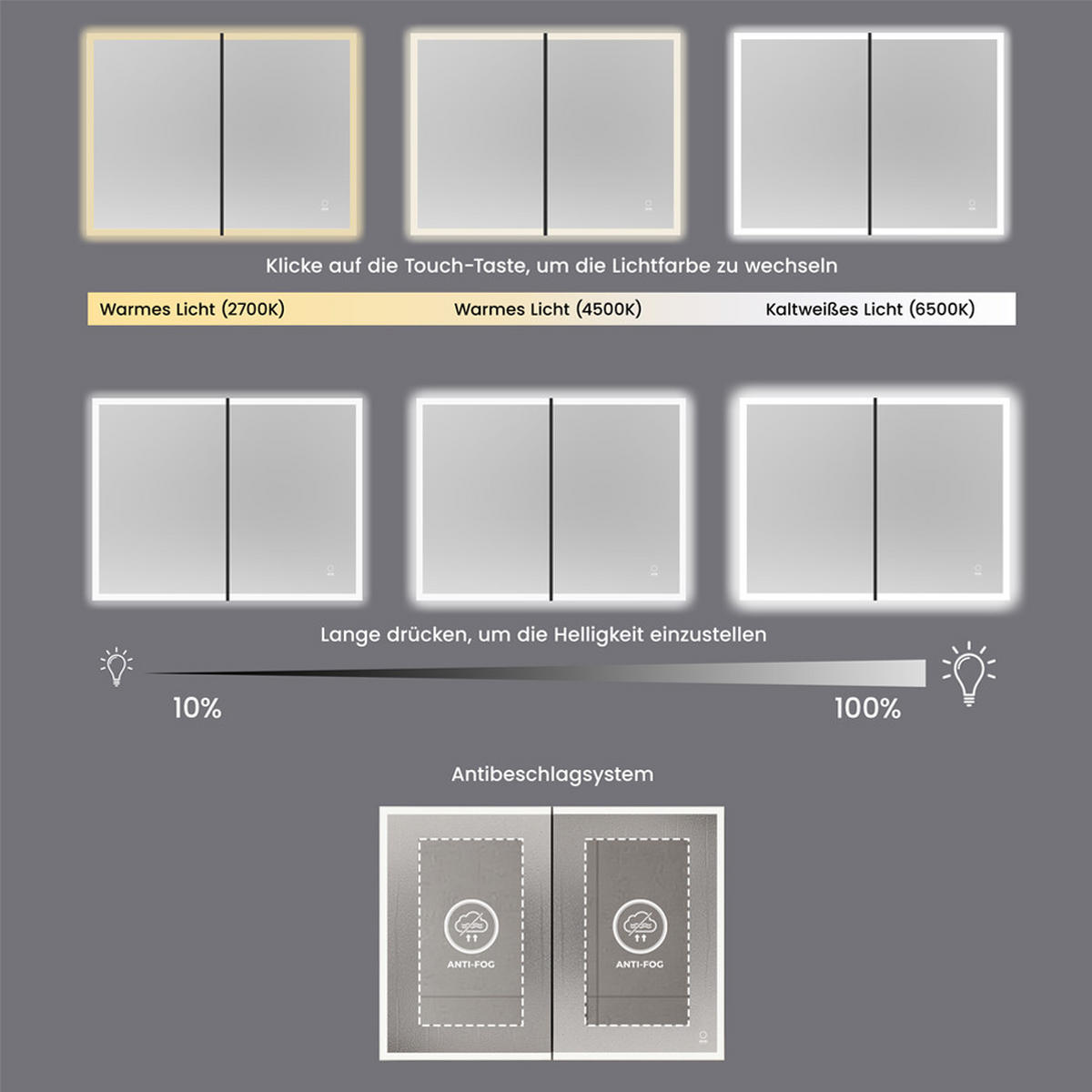 LED-SPIEGEL EVE - Farbe: Schwarz, Größe: 100 x 80 cm - Schwarz, Metall (100/80/13.3cm) - Home Deluxe