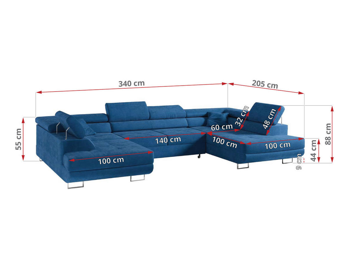 WOHNLANDSCHAFT GUSTAW U Dunkelblau Velvet - Silberfarben/Dunkelblau, Textil/Metall (340/55/205cm) - MKS