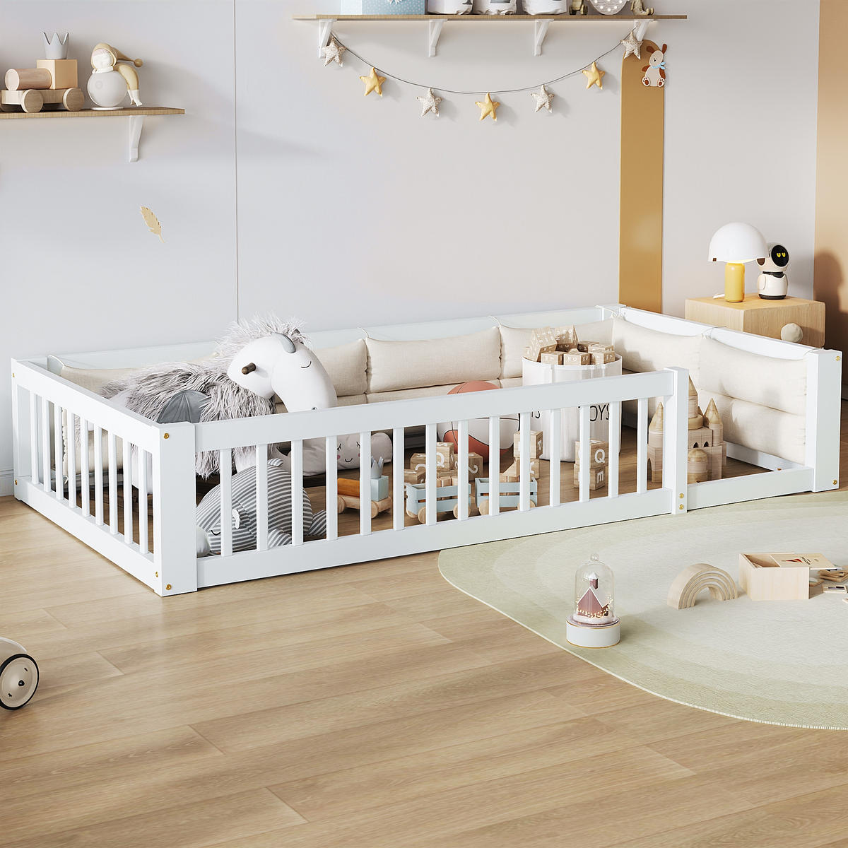BETT 90/200 cm in Weiß mit Seitengitter und Kissen Massivholz Design - Weiß, Holzwerkstoff (90/200cm) - STILVORA