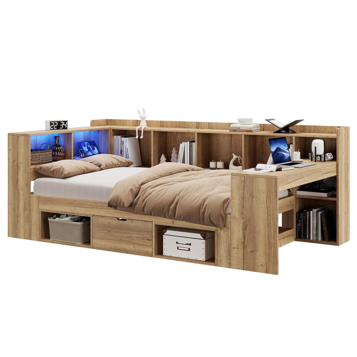 TAGESBETT 90x200 cm mit Regale&Schubladen in Naturfarbe - Naturfarben, Holz (90/200cm) - KOMHTOM