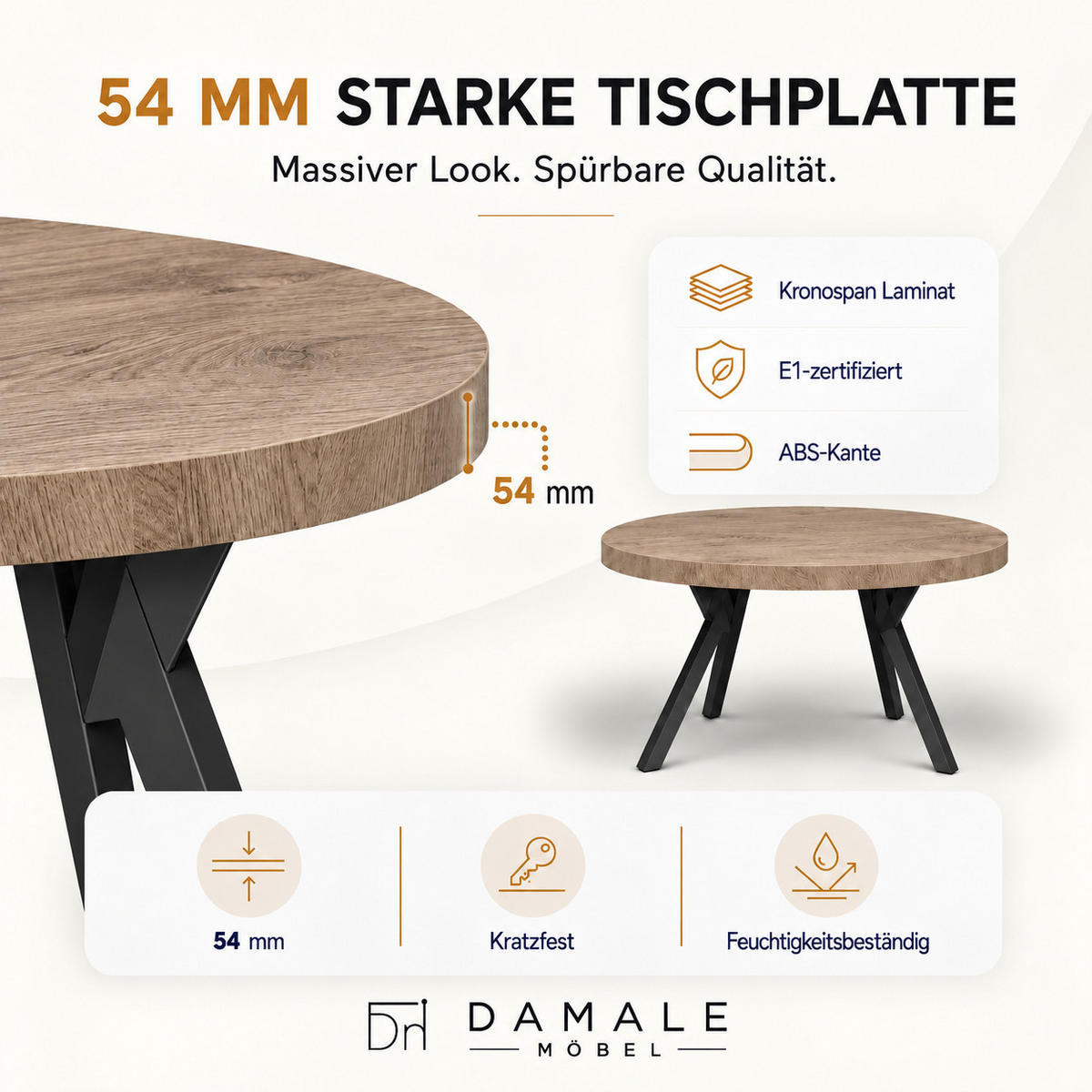 ESSTISCH rund ausziehbar 90/190/76 cm, Braun Eiche Halifax Egger, 54 cm Tischplatte + Y Metallgestell Schwarz - Eichefarben/Schwarz, Holzwerkstoff/Metall (90/190/76cm) - Damale Möbel