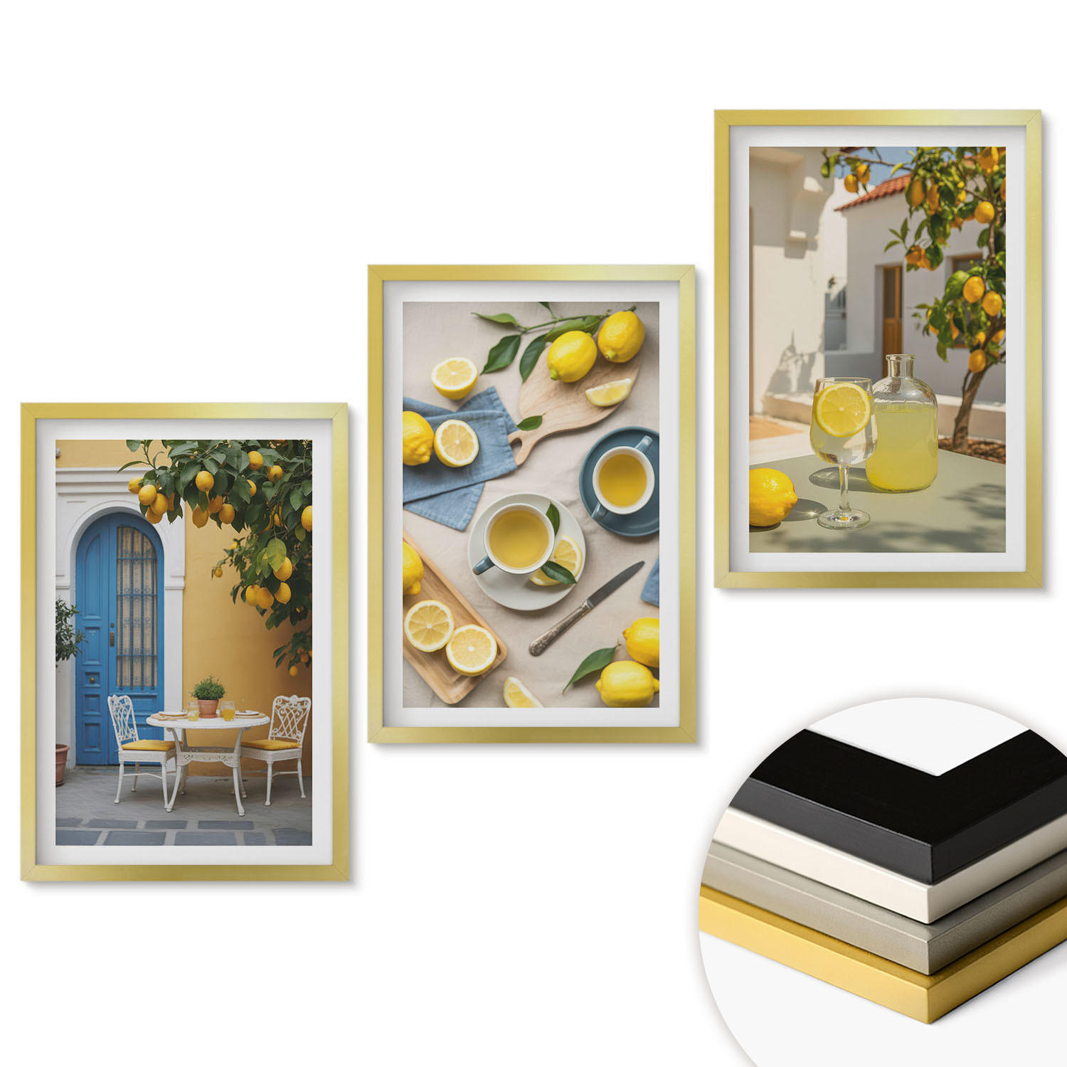 WANDBILDER 3er Set - 40x60 cm Goldrahmen - Zitronenlimonade blaue Tür - Goldfarben, Kunststoff (40/60cm) - ArtPrintCave