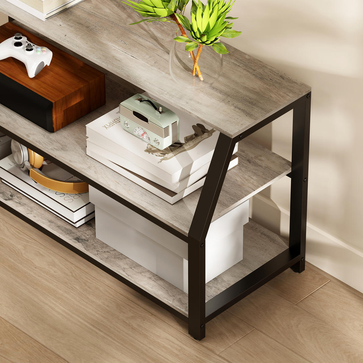 TV-BOARD Grau/Schwarz 110/43/150 cm, mit Halterung, 2 offene Fächer, Metallgestell - Grau, Holzwerkstoff (110/150/43cm) - PANGIVO
