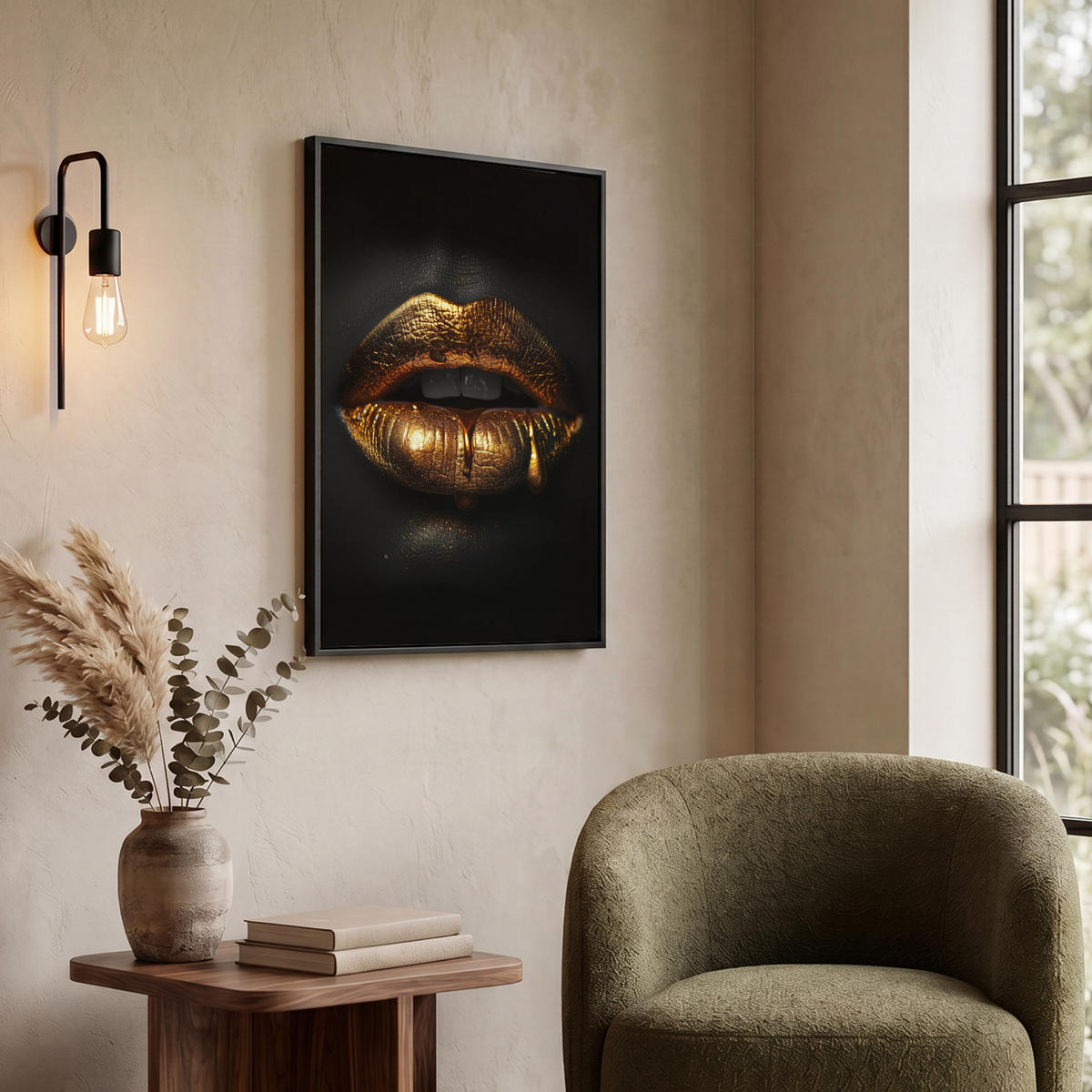 LEINWAND Bilder mit Rahmen - Frau - Porträt - Lippen - Gold - Schwarz - 60x80 - Schwarz, Textil (60/80cm) - MuchoWow