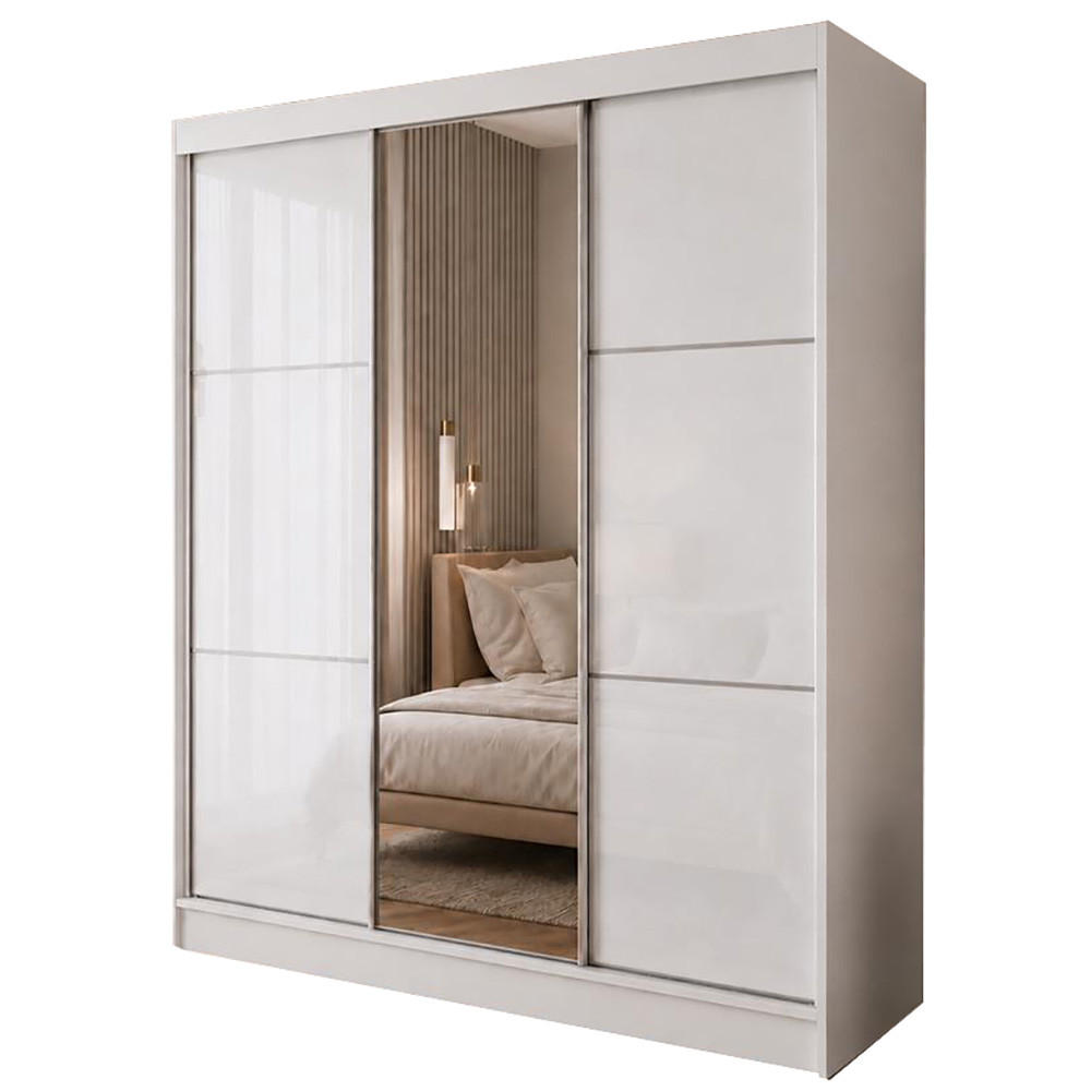 SCHWEBETÜRENSCHRANK Viva 180/216/61 Weiß mit Lacobel-Glas - Weiß, Holzwerkstoff (180/216/61cm) - Beautysofa
