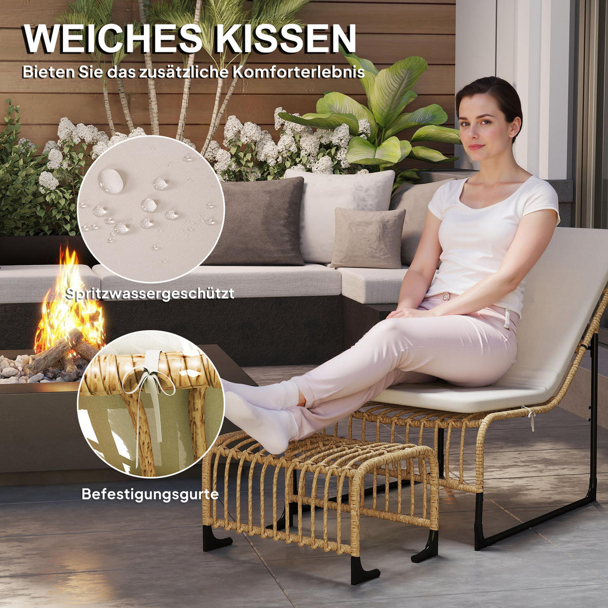 RELAXSESSEL mit Fußhocker UV-beständig Gartensessel mit Kissen Bänder - Creme, Metall (65/80/93cm) - Outsunny