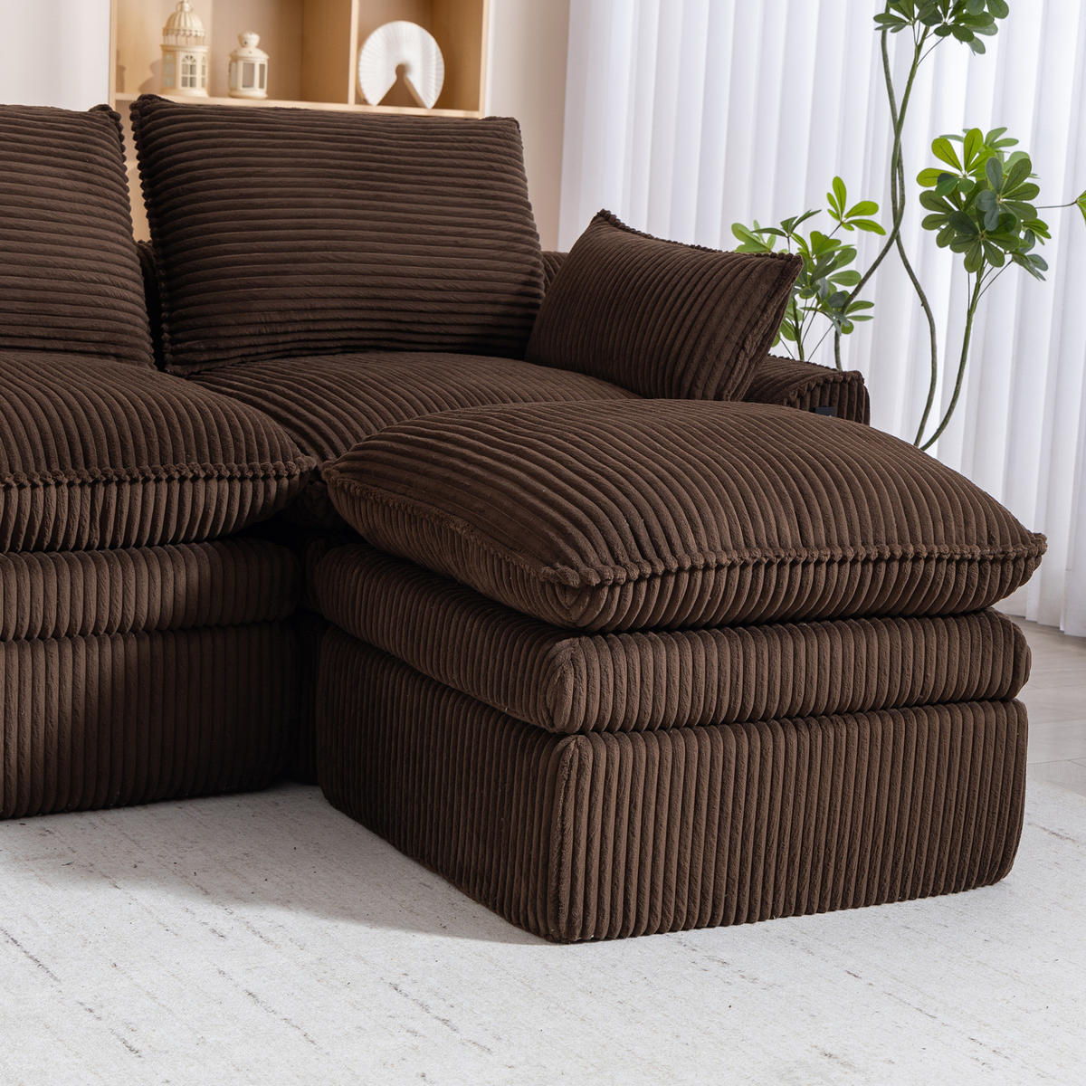 3-SITZER-KORDSOFA 263/167/85 cm mit Hocker, Kissen, Seitentaschen und Federkern, Braun - Braun, Textil (263/85/167cm) - Redom