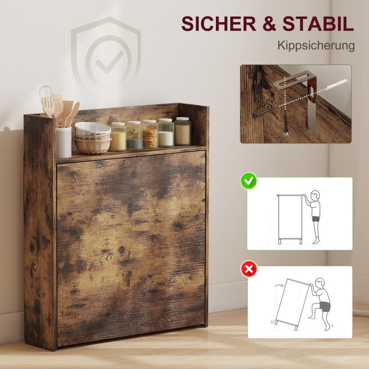 ESSTISCH 80/90/93 cm Rustic Brown klappbar mit 3 Regalen aus Holz - Braun, Holz (90/80/93cm) - OKWISH