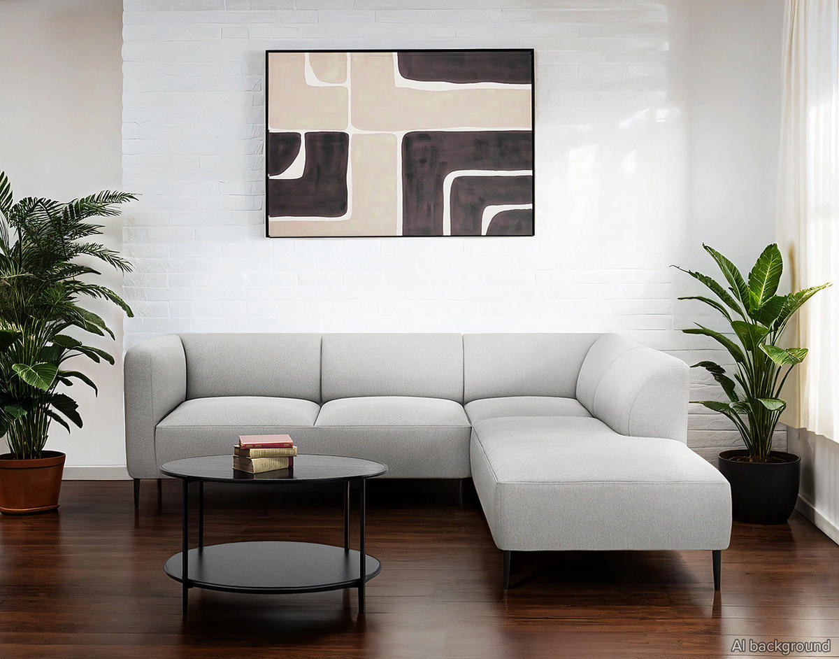 2,5-SITZER ECKSOFA mit Ottomane - Hellgrau/Schwarz, Textil/Metall (252/205cm) - home24