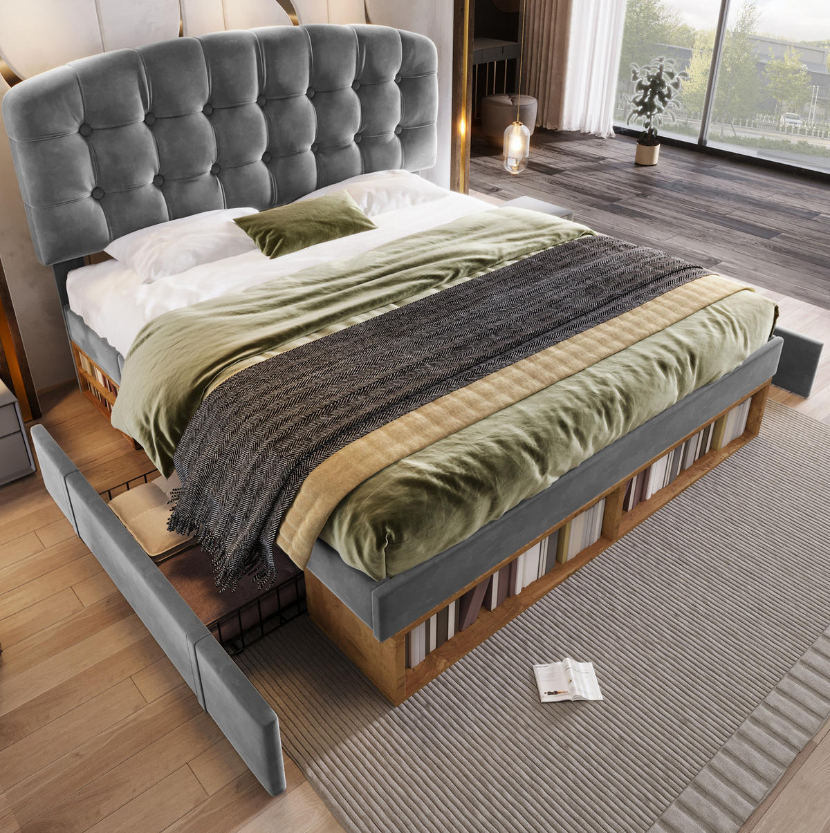 Meubliv BETT mit Stauraum 140x200 cm Samt Grau jetzt nur online ➤