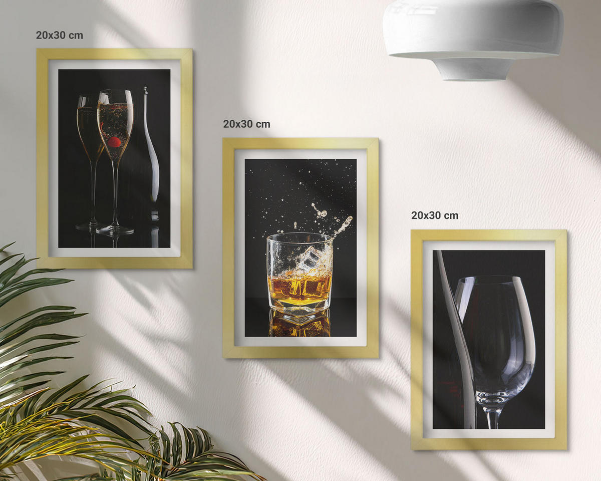 BILDER SET 3er Set - 20x30 cm Goldrahmen - Weingläser und Whiskygläser auf schwarzem Hintergrund - Goldfarben, Kunststoff (20/30cm) - TULUP