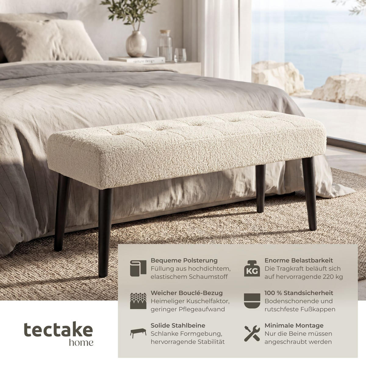 SITZBANK Glora, Belastbarkeit 220 kg, 95 x 38 x 45 cm, Bouclé creme - Creme, Holz (95/45/38cm) - tectake