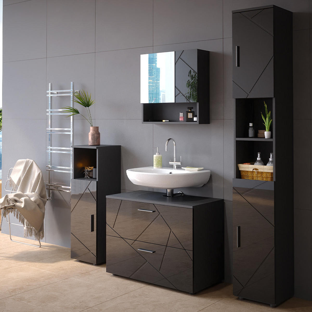 SADA NÁBYTKU DO KOUPELNY Irma Antracitový vysoký lesk - vysoce lesklá černá, kompozitní dřevo (80/58/41cm) - Vicco