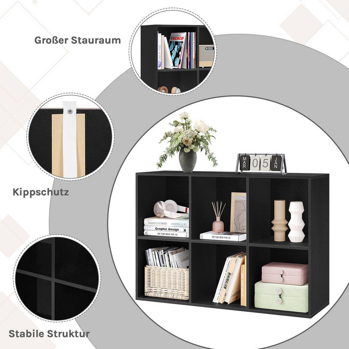 BÜCHERREGAL mit 6 Fächer, Holzwerkstoff, Schwarz - Schwarz, Holzwerkstoff (59.5/89/29cm) - Woltu