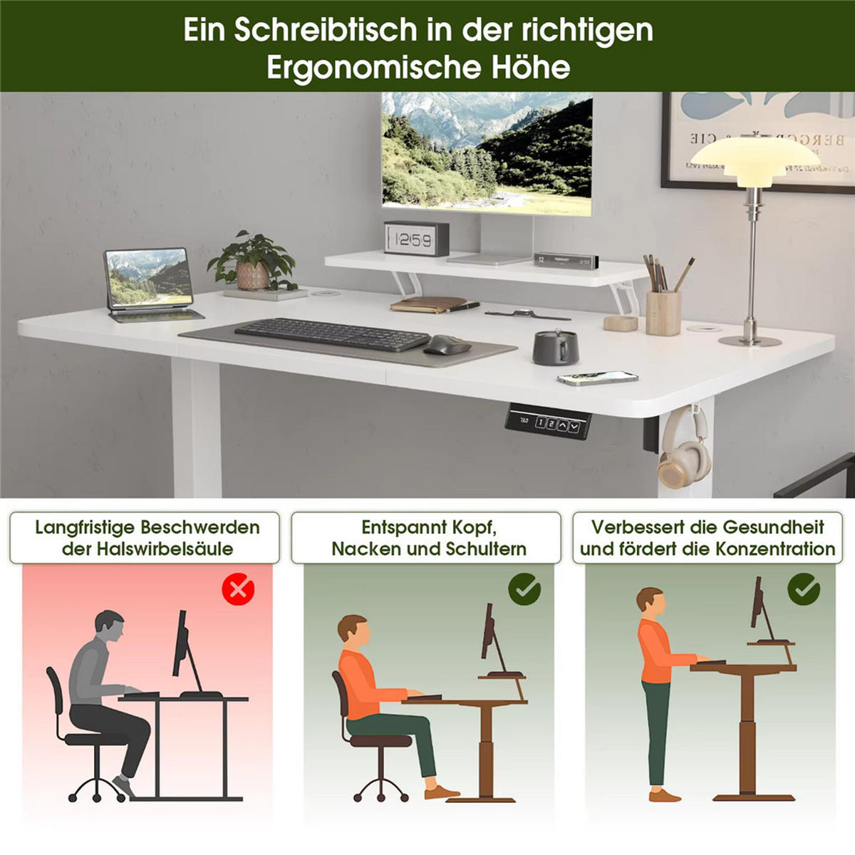 SCHREIBTISCH 160/70/73-118 cm elektrisch höhenverstellbar Monitorständer Weiß - Weiß, Holz (160/70/73cm) - Kaket