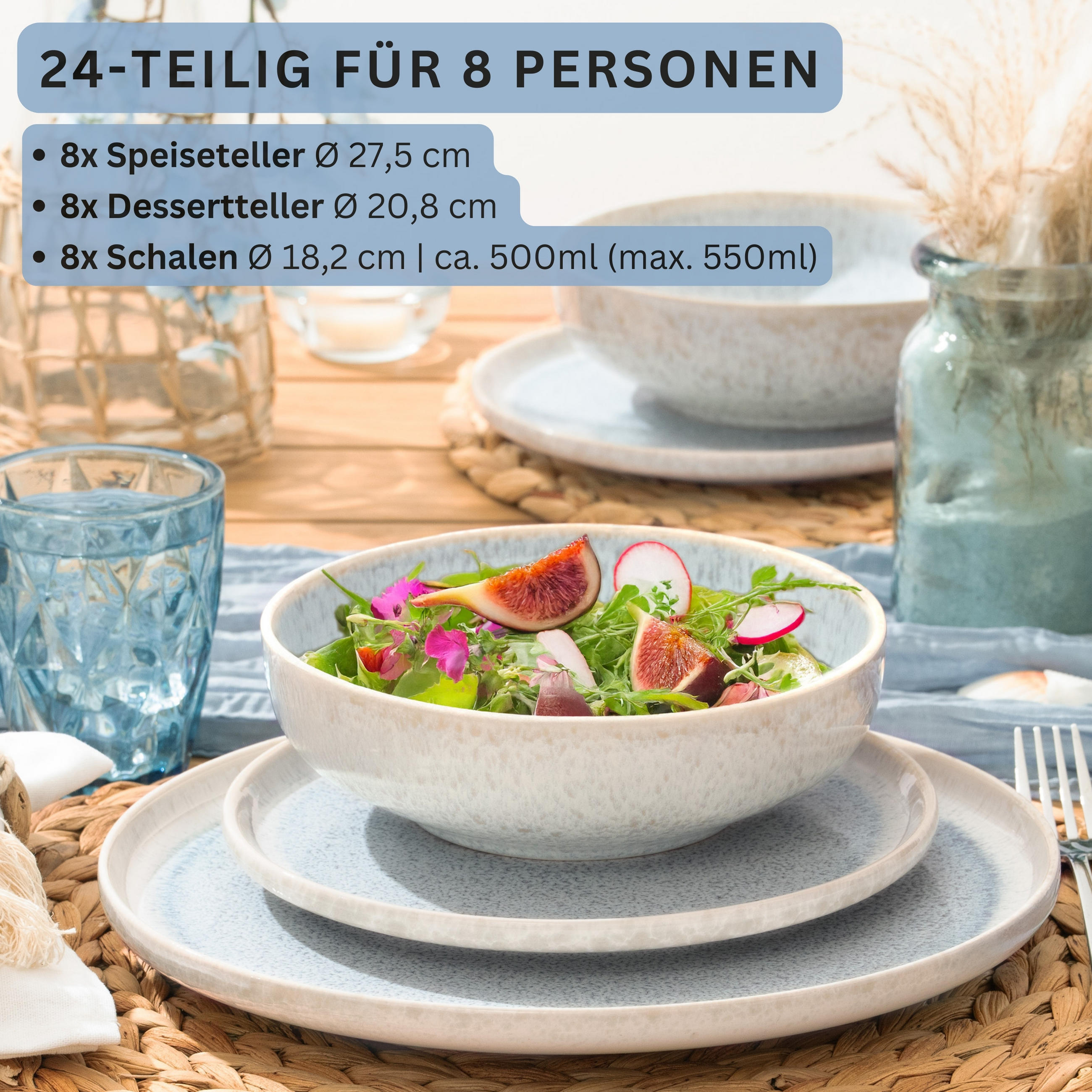 SÄNGER Steingut Geschirrset Santorini, Tafelservice 24 teilig für 8 Personen - Blau, Stein (27/6/27cm) - Sänger