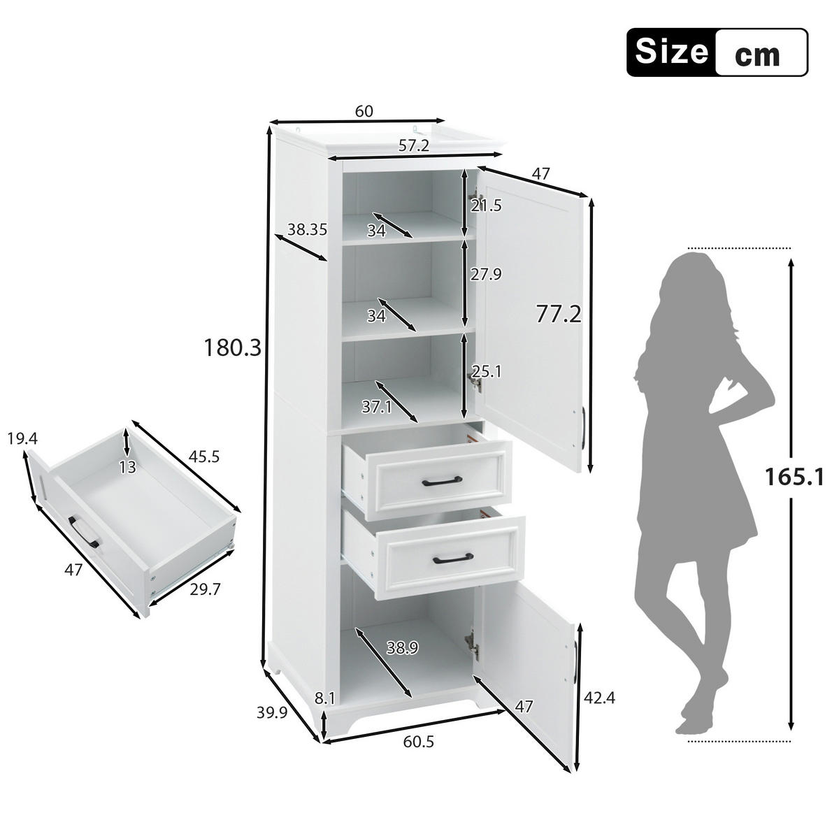 HOCHSCHRANK 60/40/180 cm aus MDF mit 2 Schubladen und verstellbarem Einlegeboden Weiß - Weiß, Holzwerkstoff (60/180/40cm) - Modenvie