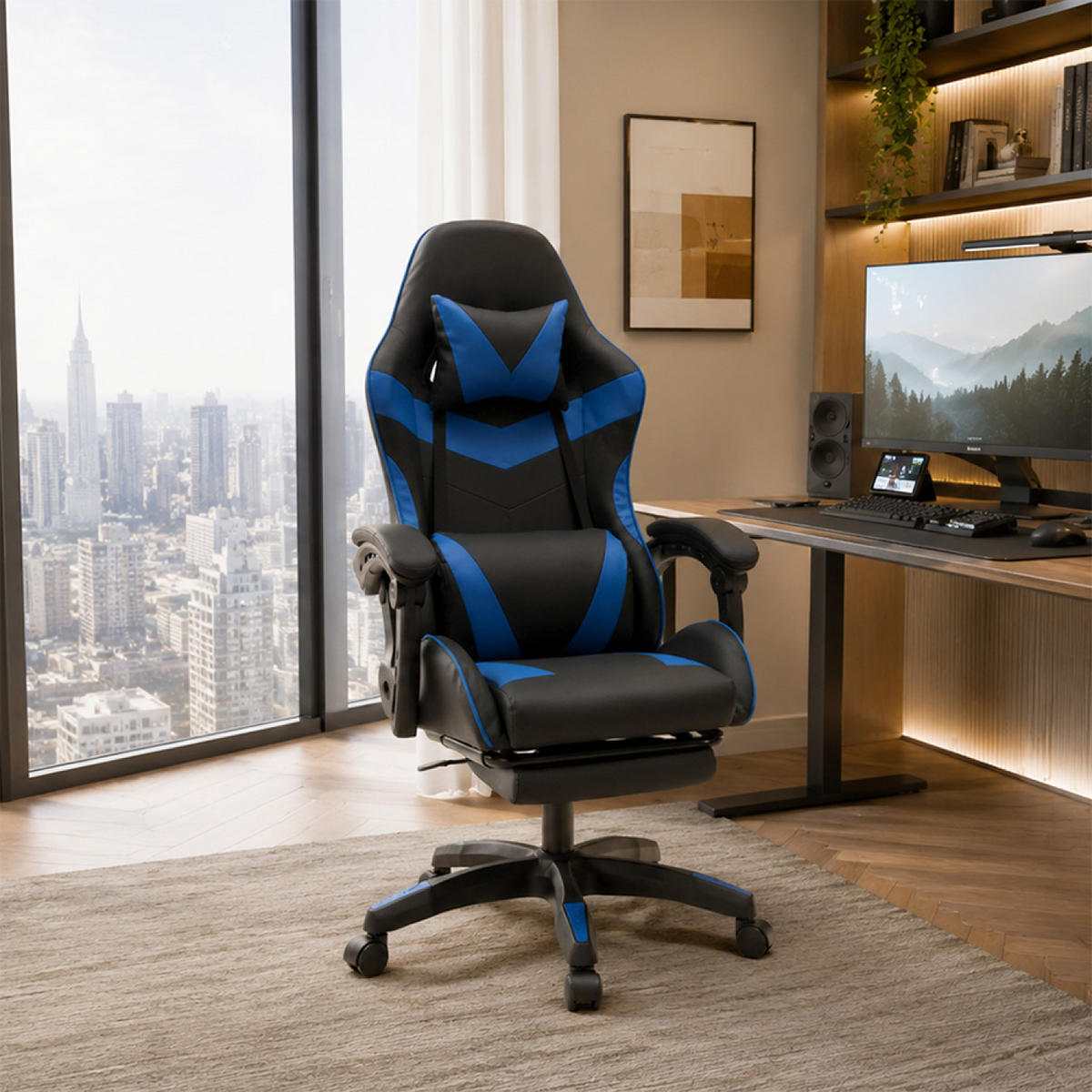 GAMING-STUHL Akron Schwarz und Blau Verstellbar Ergonomisch - Blau, Kunststoff (63/112/75cm) - Concept Usine