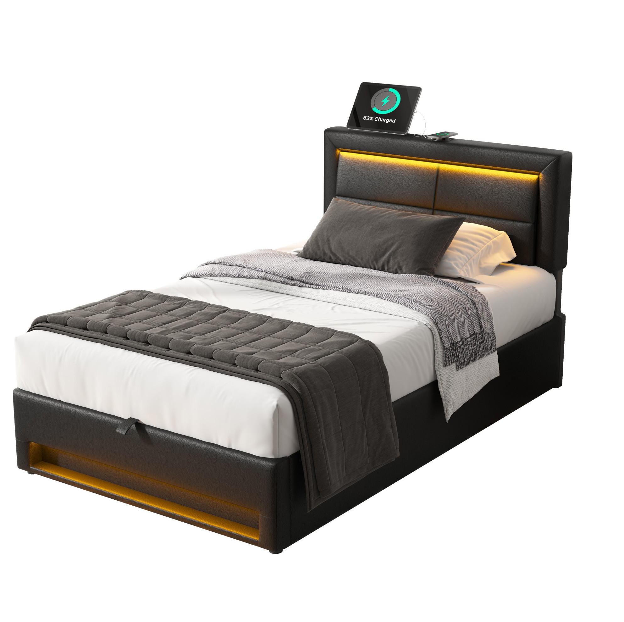POLSTERBETT mit USB, LED und Stauraum 90x200 cm PU Schwarz - Schwarz, Metall (90/200cm) - Meubliv