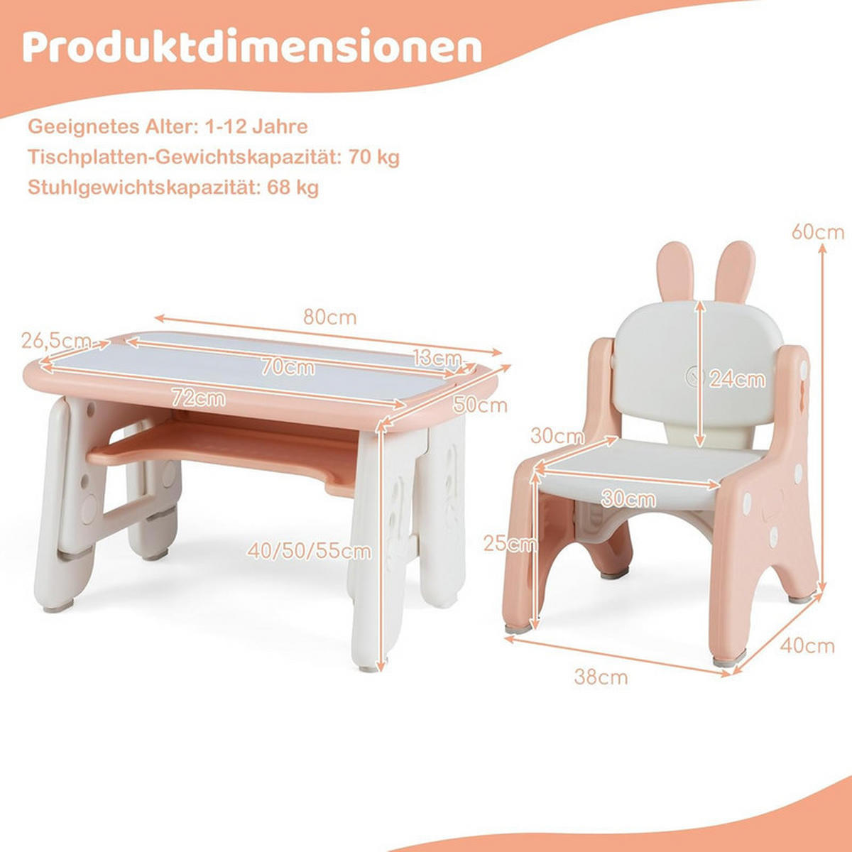 KINDERTISCH mit Stuhl rosa(2-tlg) - Pink, Kunststoff (80/40/50cm) - COSTWAY