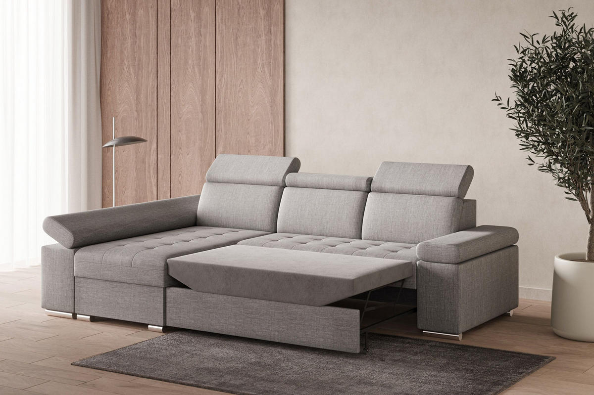 ECKSOFA mit Schlaffunktion Luka L Twist 19 - Hellgrau - Links - Silberfarben/Hellgrau, Holzwerkstoff (260/168cm) - Möblo