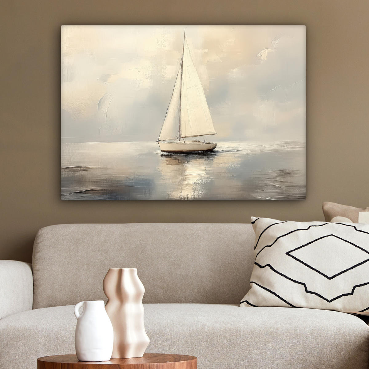 LEINWANDBILD Segelschiff - Meer - Bewölkt Wandbilder 80x60 cm - Creme, Textil (80/60cm) - MuchoWow