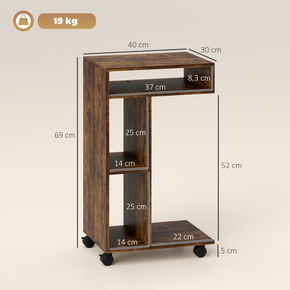 BEISTELLTISCH Couchtisch mit Rollen, 4 Regalen, Braun - Braun, Holzwerkstoff (40/30/69cm) - HOMCOM