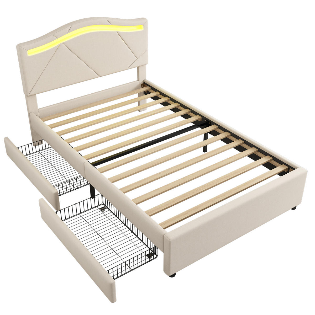 BETT mit Lattenrost, LED und 2 Schubladen 90x200 cm Beige - Beige, Metall (90/200cm) - Meubliv