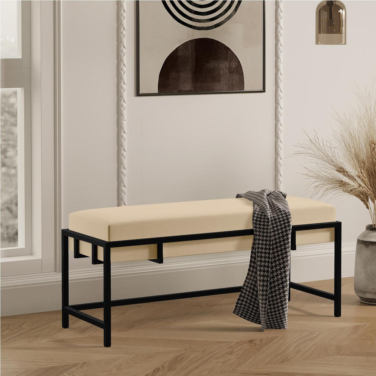 POLSTERBANK LAMO 100 Hellbeige, Schwarz Metallgestell - Creme/Schwarz, Textil/Metall (100/45/35cm) - Bettso