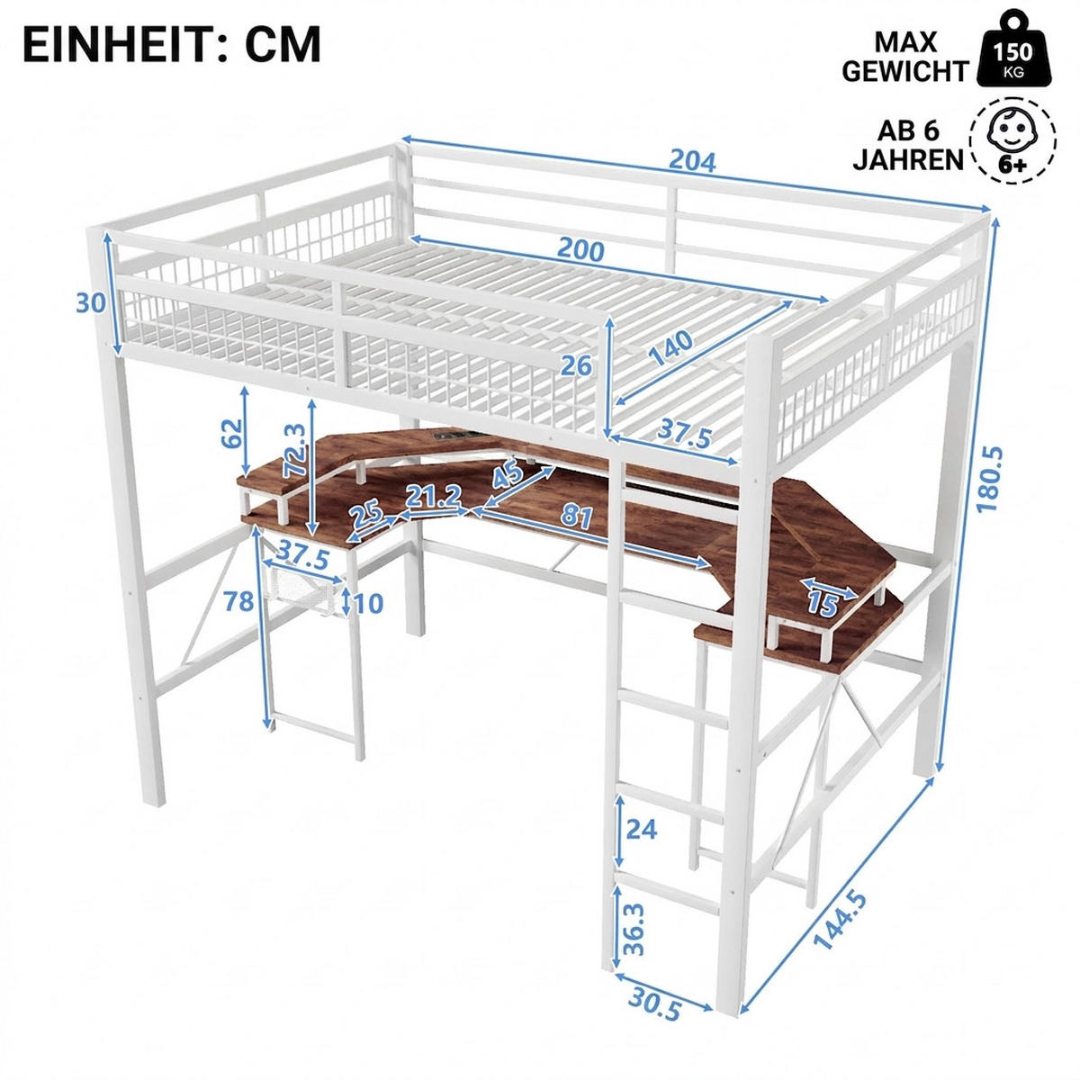 HOCHBETT 140/200 cm Weiß mit LED-Lichtleiste, Schreibtisch, 1 USB-Anschluss + 1 Typ-C-Anschluss und 2 Steckdosen - Weiß, Metall (140/200cm) - Oxeza
