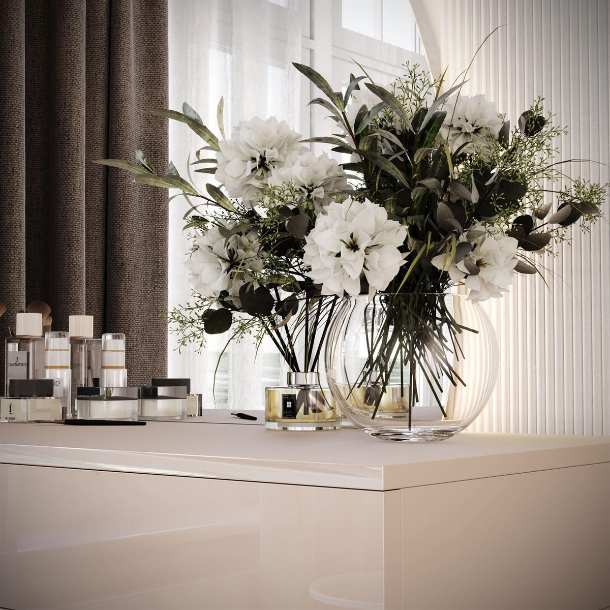 SCHMINKTISCH QUINNIE KASCHMIR mit LED-Spiegel gold Chrom rechts PUSH OPEN - Kaschmir, Holzwerkstoff (100/175/42cm) - Lookway